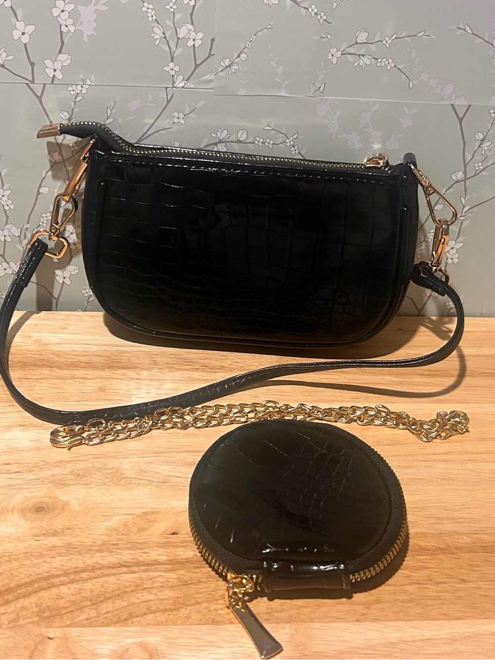 Black Baguette Croc-Embossed Shoulder Bag